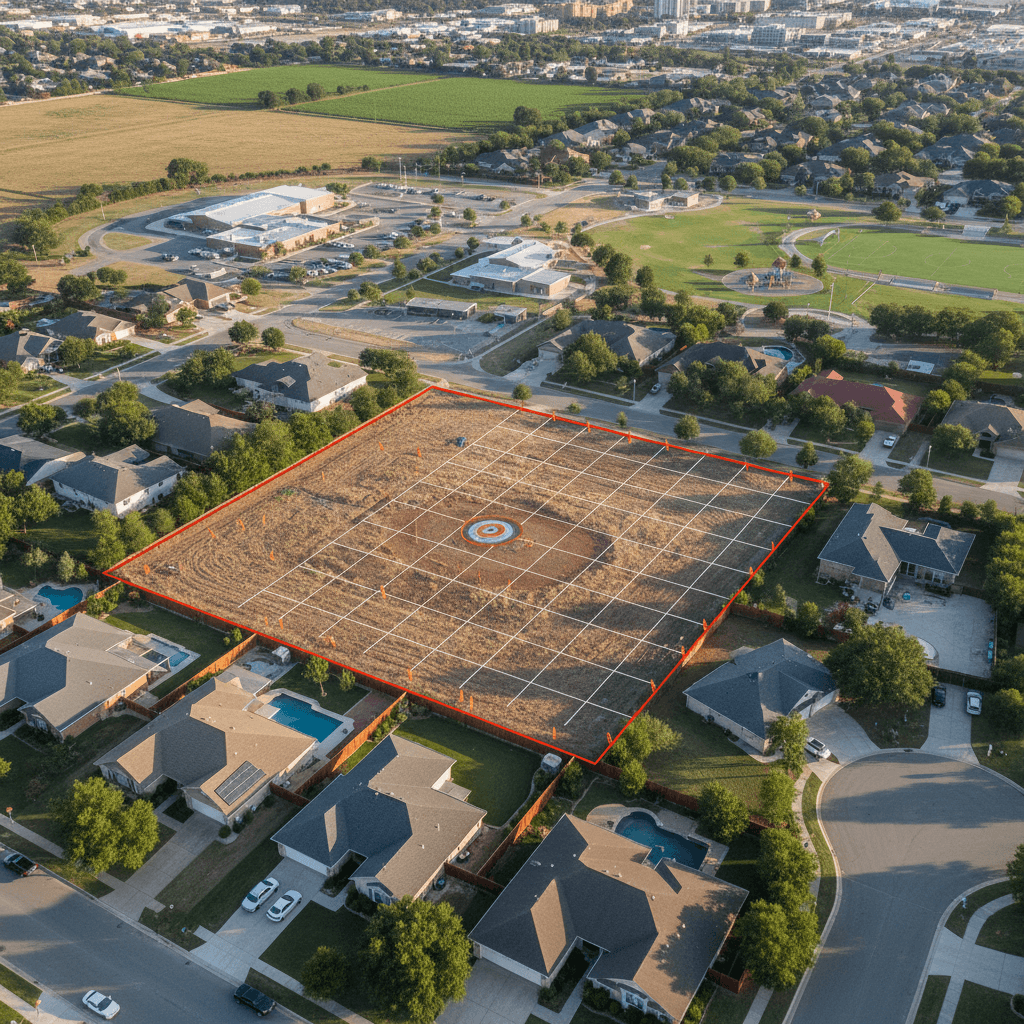 Vista aérea de terreno residencial con demarcaciones