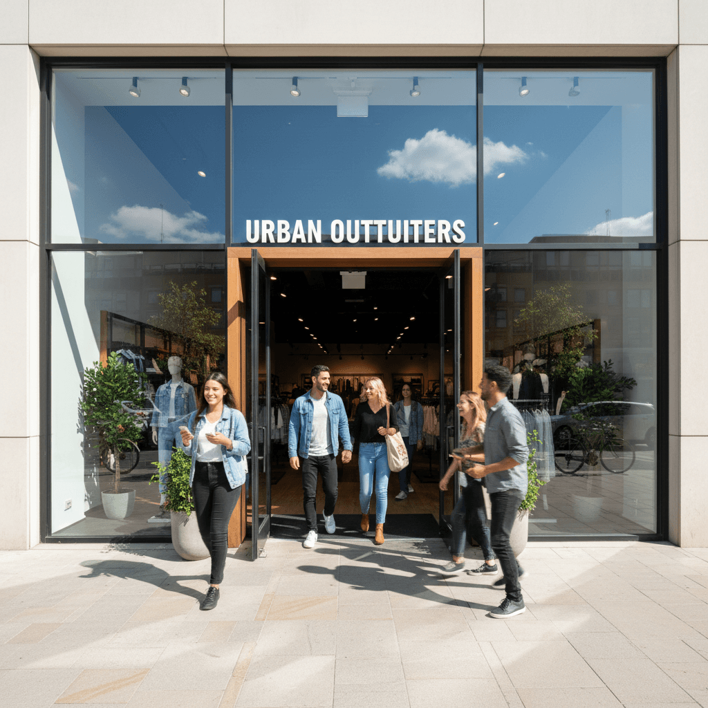 Fachada de local comercial con vidrieras y peatones