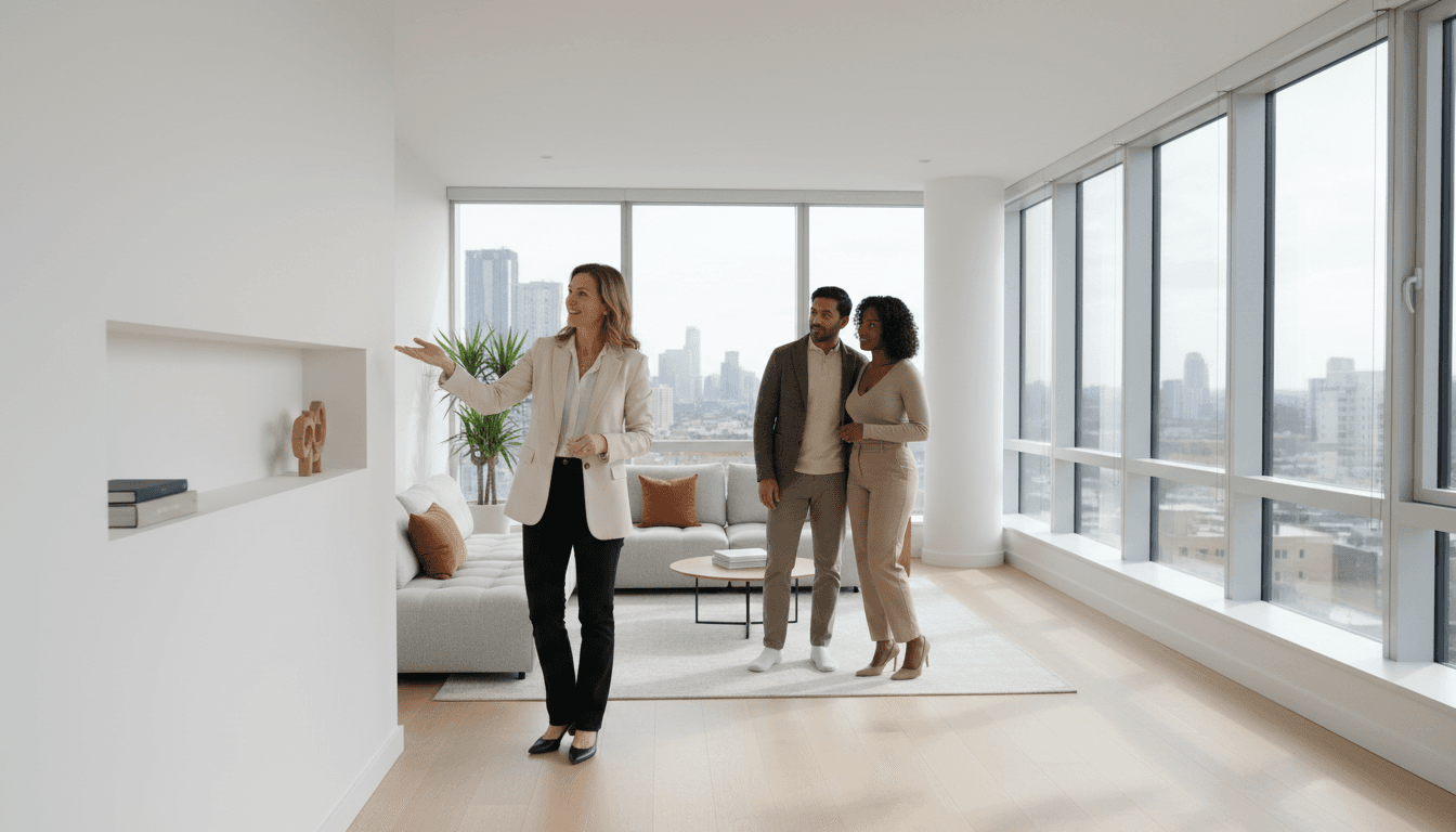 Asesor inmobiliario presentando propiedad a clientes