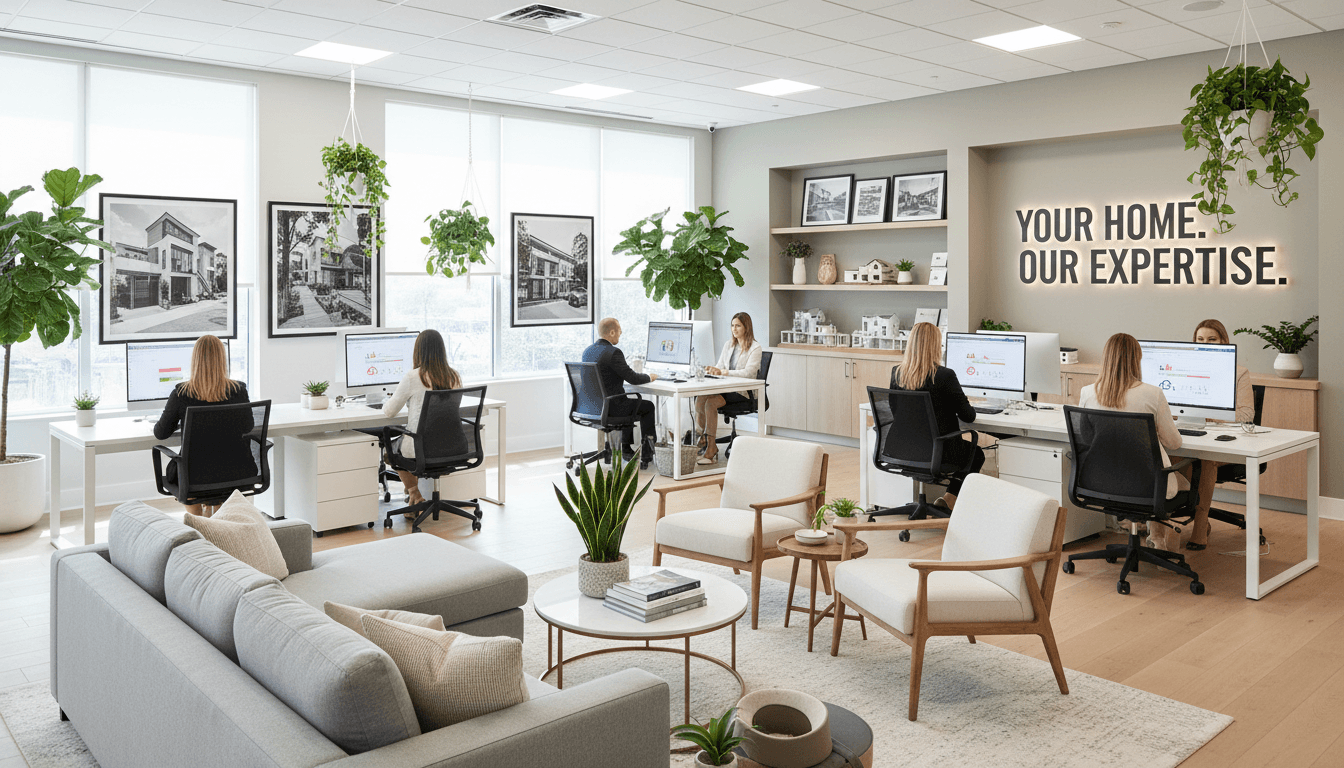 Oficina profesional de inmuebles en Buenos Aires con agente mostrando propiedades