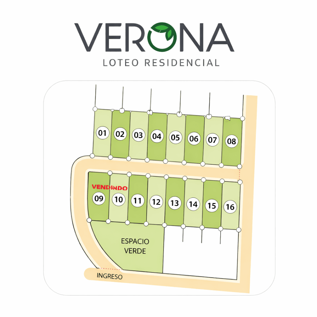 Plano de Verona Loteo Residencial con dieciséis parcelas numeradas, espacio verde y entrada principal.